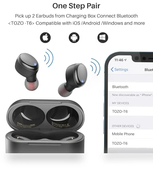 True Wireless Earbuds Bluetooth 5.3 Headphones with Wireless Charging Case — In-Ear Headphones, TOZO