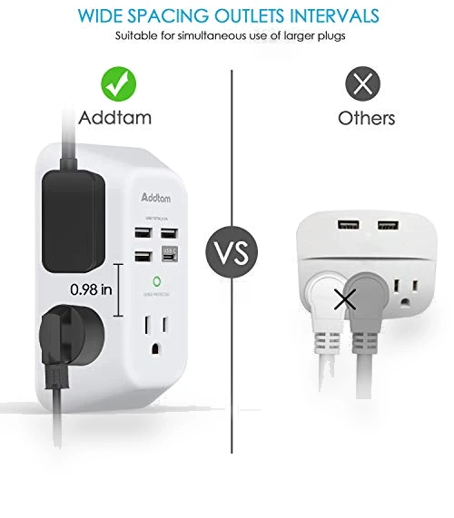 USB Wall Charger Surge Protector 5 Outlet Extender with 4 USB Charging Ports — Power Solutions & Surge Protection, Addtam