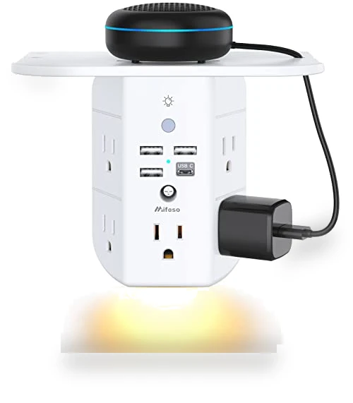 Wall Outlet Extender with Shelf and Night Light, Surge Protector, USB Wall Charger — Power Solutions & Surge Protection, MIFASOPOWER