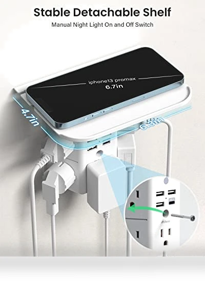 Wall Outlet Extender with Shelf and Night Light, Surge Protector, USB Wall Charger — Power Solutions & Surge Protection, MIFASOPOWER