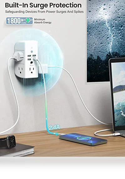 Wall Outlet Extender with Shelf and Night Light, Surge Protector, USB Wall Charger — Power Solutions & Surge Protection, MIFASOPOWER