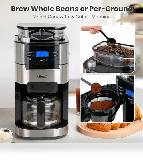 10-Cup Drip Coffee Maker with Built-in Grinder, Programmable Brew Coffee Machine — Electric Blade Coffee Grinders, Gevi