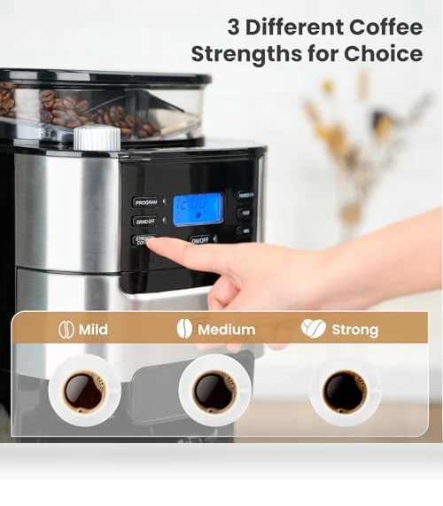 10-Cup Drip Coffee Maker with Built-in Grinder, Programmable Brew Coffee Machine — Electric Blade Coffee Grinders, Gevi