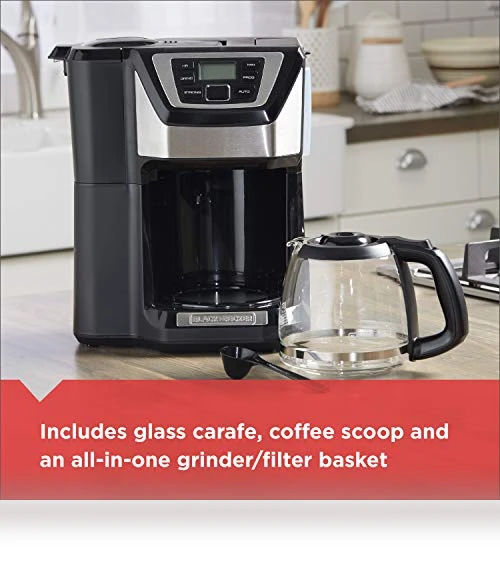 12-Cup Mill and Brew Coffee Maker with Automatic Grind, Programmable Drip Coffee Machine — Electric Blade Coffee Grinders, BLACK+DECKER