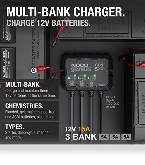 3-Bank Smart Marine Battery Charger, 15A Waterproof Onboard Boat Charger — Battery Chargers, NOCO