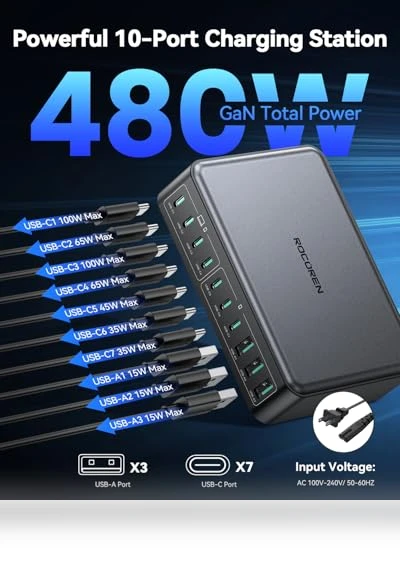 480W USB C Charging Station with 10 Ports for Multiple Devices — USB Hubs, Rocoren