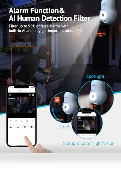 4MP Bulb Security Camera 2.4GHz, 360° 2K Wireless Outdoor Indoor Camera — Smart Home Security, LaView