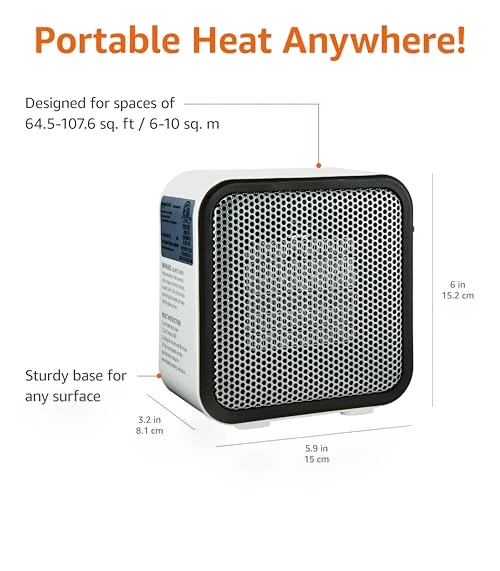 Ceramic Space Heater, Mini Heater for Office Desk, 500W, Portable Tent Heater for Camping — Portable Heating Solutions, Amazon Basics