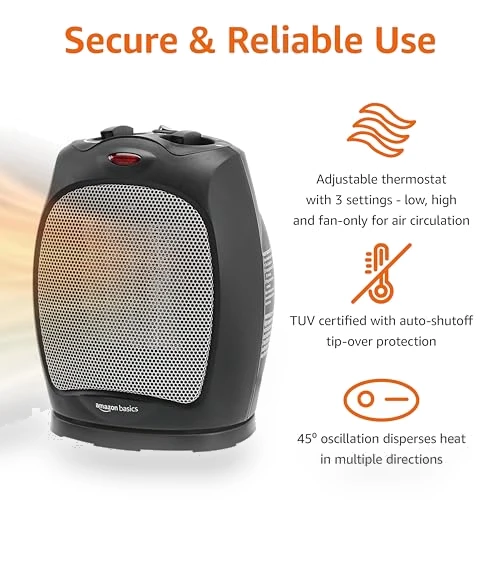 Oscillating Ceramic Space Heater, Portable Heater for Indoor Use — Portable Heating Solutions, Amazon Basics