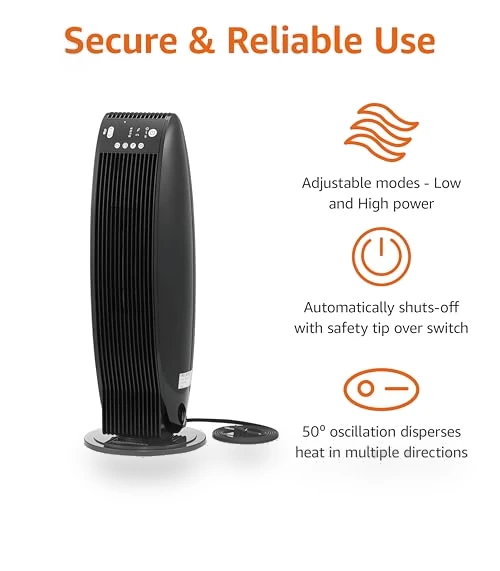 Oscillating Tower Heater with Digital Display and Remote Control — Portable Heating Solutions, Amazon Basics