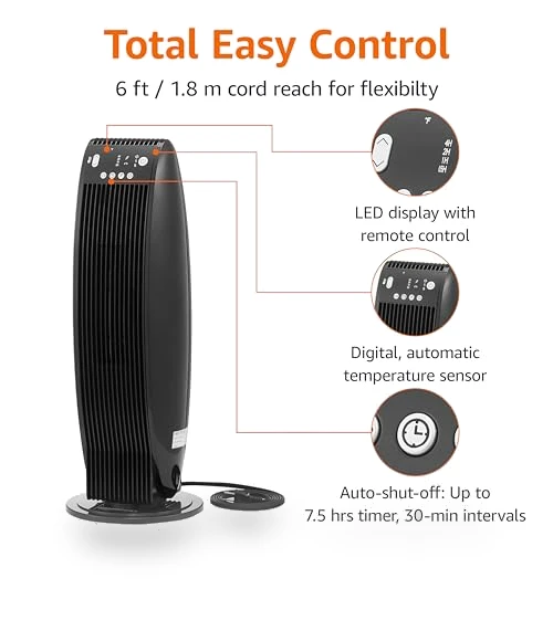 Oscillating Tower Heater with Digital Display and Remote Control — Portable Heating Solutions, Amazon Basics