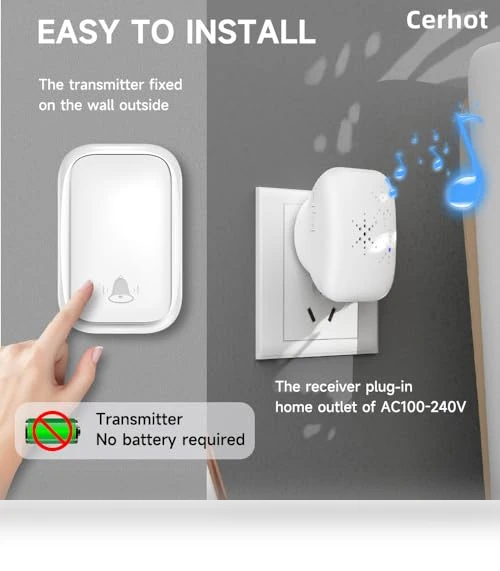 Self Powered Wireless Doorbell with 38 Songs, 100M Range, Waterproof — Kits