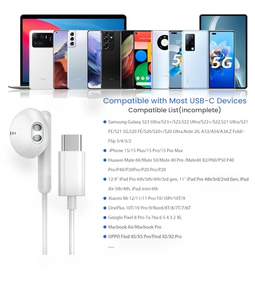 USB C Headphones with Microphone and Volume Control — In-Ear Headphones, BENEWY