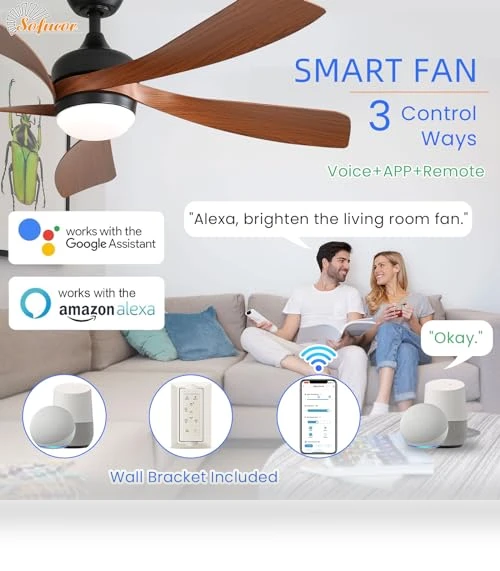52" Smart Ceiling Fan with Lights and Remote — Ceiling Fan Wall Controls, Sofucor