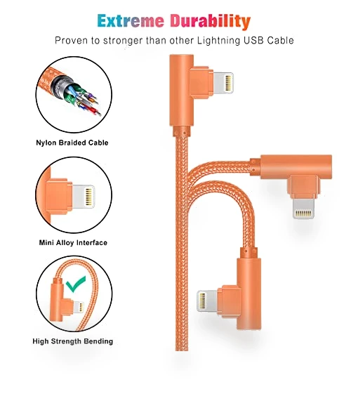 3 Pack 10FT 90 Degree Charging Cable — Lightning, Exeric