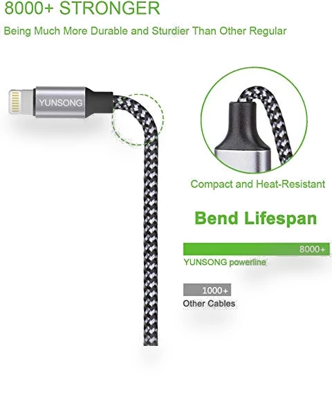 3Pack 6FT Nylon Braided Lightning Cable — Lightning, YUNSONG