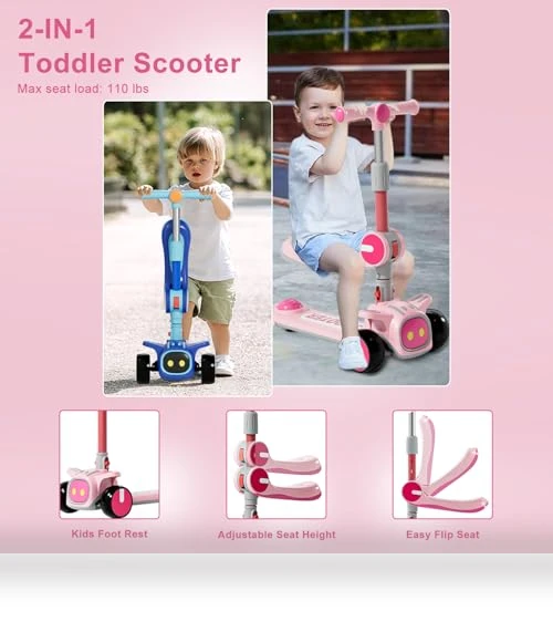 2-in-1 Scooters Kids 3 Wheel Kick Scooter — Push Scooters, Keamaidy