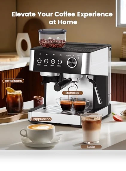 Espresso Machine with Grinder and Milk Frother — Semi-Automatic Espresso Machines, COWSAR