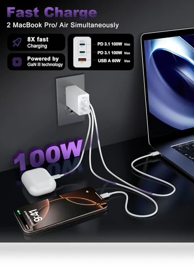 100W 3-Port GaN Fast Charger with 10ft USB C Cable — Chargers, Shenzhen Xihuida Electronics Co., Ltd.