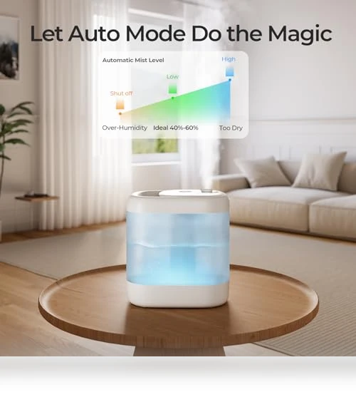 Super Easy to Clean Top Fill Auto Adapt Cool Mist Humidifier — Air Moisture Control, Homvana