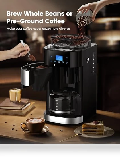 10-Cup Drip Coffee Maker with Built-In Grinder — Electric Blade Coffee Grinders, COWSAR