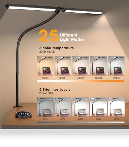 LED Desk Lamp with Clamp and Dual Screen Computer Monitor Gooseneck — Study & Desk Lighting