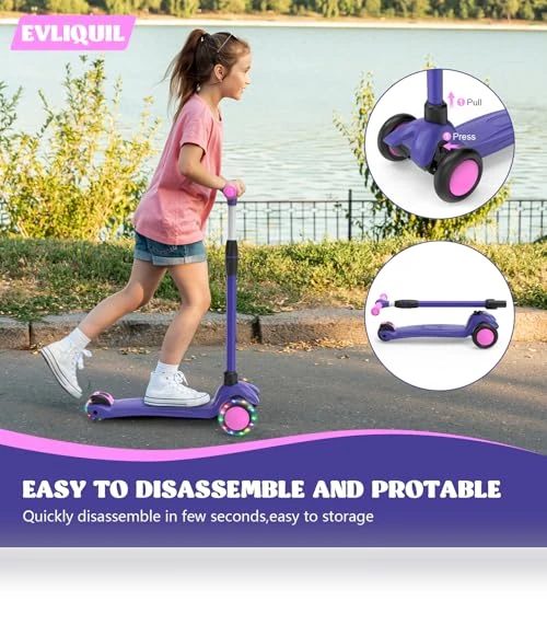 LED Lighted Wheels Kids Scooter with Adjustable Handlebars — Balance Bikes, EVLIQUIL
