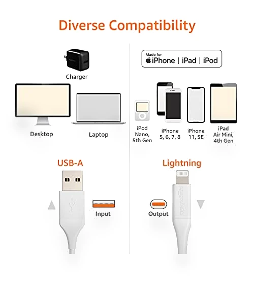 USB-A to Lightning Charger Cable — Lightning, Amazon Basics