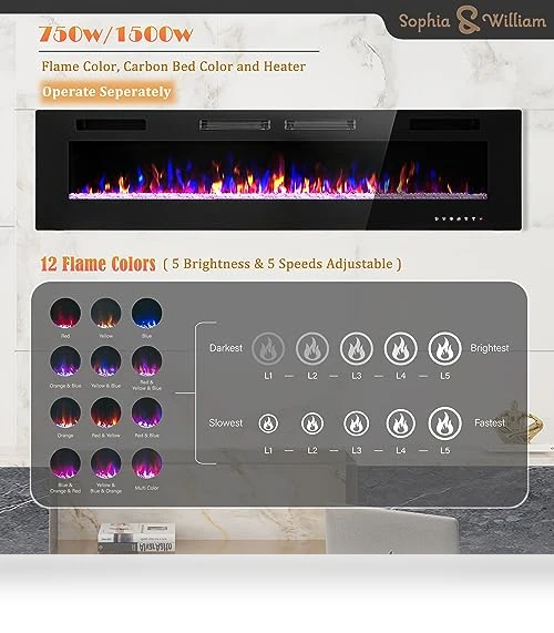 Electric Fireplace 72 Inch Wall Mounted & Recessed — Tabletop Fireplaces, Sophia & William