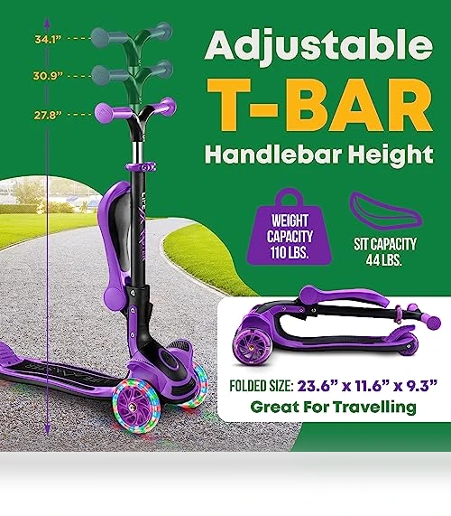 Foldable Seat Kids Scooter with LED Wheel Lights — Push Scooters, Lifemaster