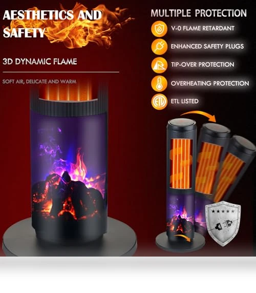 Ceramic Tower Space Heater with 3D Flame — Portable Heating Solutions, ETTFGUH