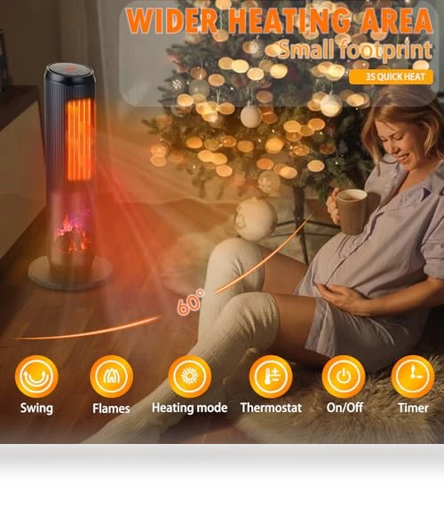 Ceramic Tower Space Heater with 3D Flame — Portable Heating Solutions, ETTFGUH