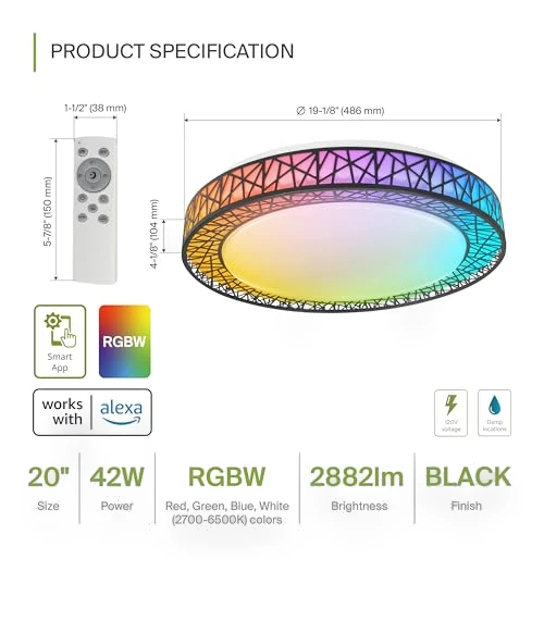 20 Inch Smart RGBW Flush Mount Ceiling Light — Overhead Lighting, ASD