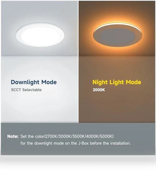 6 Inch 5CCT LED Recessed Ceiling Light with Night Light — Trim, ECOELER