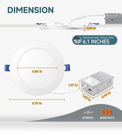 6 Inch 5CCT LED Recessed Ceiling Light with Night Light — Trim, ECOELER