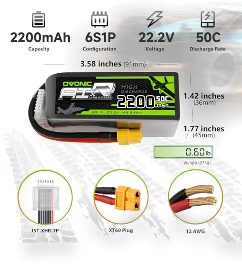 6S Lipo Battery 22.2V 2200mAh 50C with XT60 Connector — Power Solutions, OVONIC