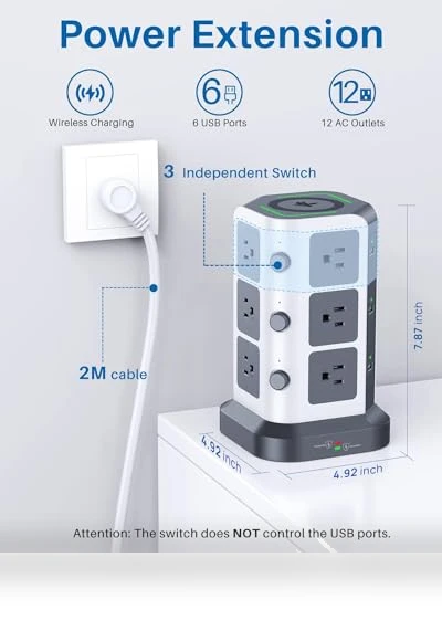 Power Strip Tower with Wireless Charger — Power Solutions & Surge Protection, KOOSLA