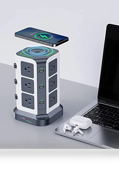 Power Strip Tower with Wireless Charger — Power Solutions & Surge Protection, KOOSLA