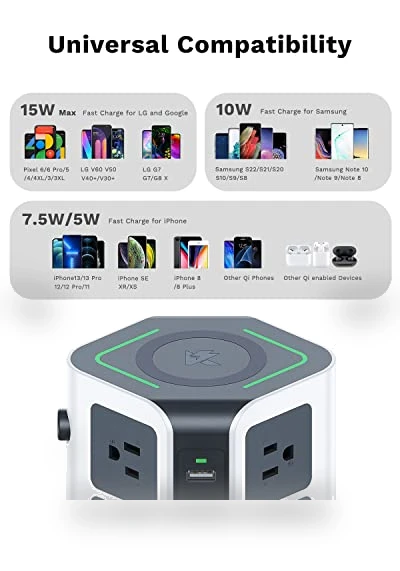 Power Strip Tower with Wireless Charger — Power Solutions & Surge Protection, KOOSLA