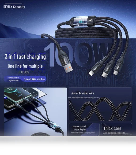 100W Smart Digital Display 3-in-1 Fast Charging Cable — Charging Solutions, REMAX