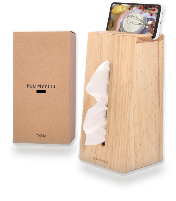 Natural Wood Tissue Box Case Smartphone Stand — Pencil Holders, Hidden Nest