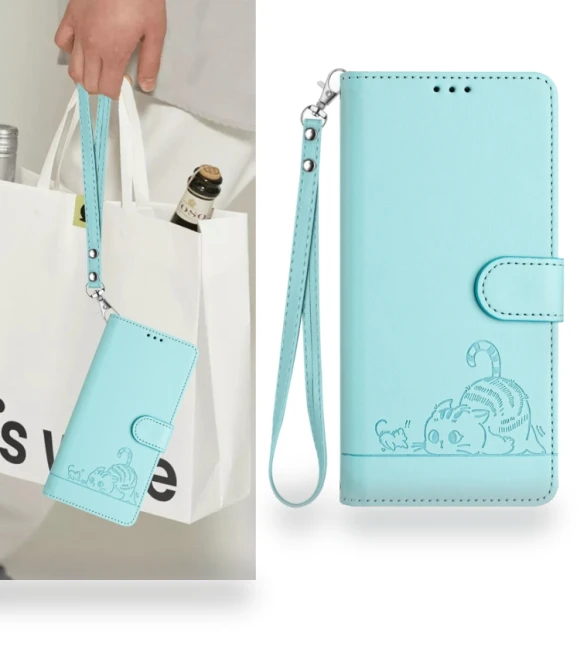 Cat Rat Embossed Pattern RFID Leather Phone Case with Lanyard for Infinix Hot 50i 5G / Smart 9 4G — Phone Accessories, Infinix