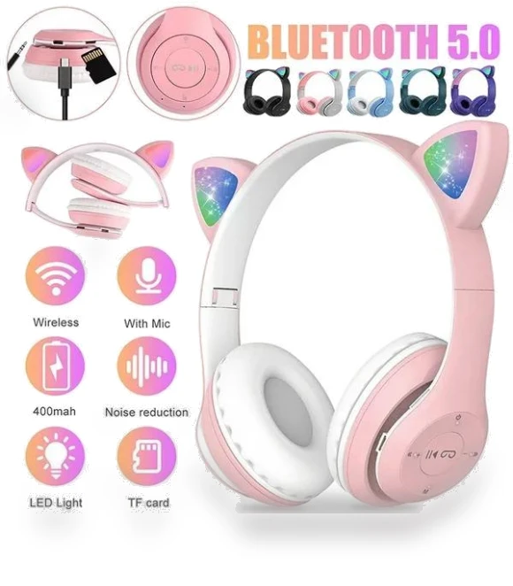 Flashing LED Cute Cat Ears Wireless Headphones — In-Ear Headphones, Junmaocun