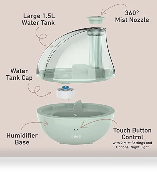 Ultrasonic Cool Mist Humidifier & Soft Glow Night Light — Air Moisturizers, Pure Enrichment