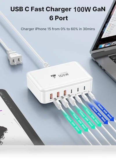 100W GaN 6 Port USB C Fast Charging Station — Chargers, CHONGZHENG (HK)CO. ,LIMITED