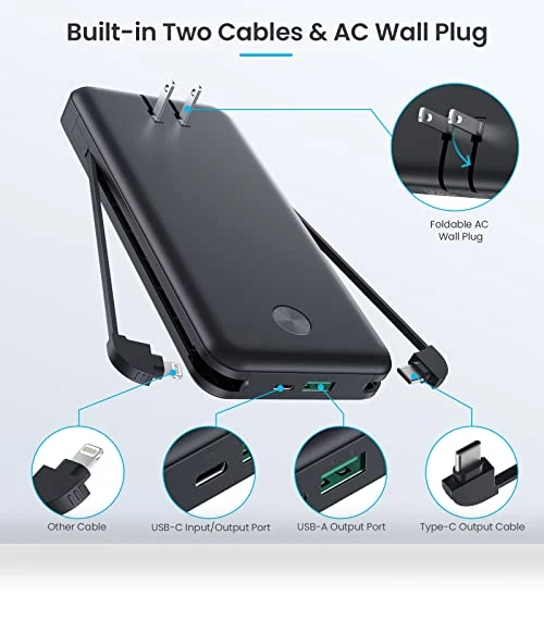 Portable Charger with Built-in Cables & AC Wall Plug — Chargers, AONIMI