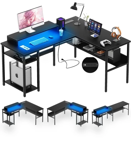 Reversible L Shaped Desk with Power Outlets and Smart LED Light — Workspace Solutions, Unikito