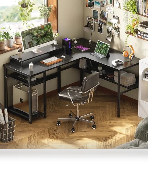 Reversible L Shaped Desk with Power Outlets and Smart LED Light — Workspace Solutions, Unikito