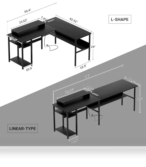 Reversible L Shaped Desk with Power Outlets and Smart LED Light — Workspace Solutions, Unikito