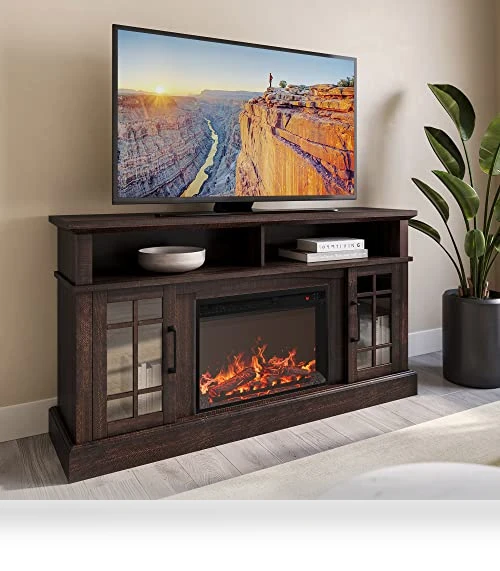 Traditional 58" Rustic TV Stand with Electric Fireplace Heater — Stands, BELLEZE